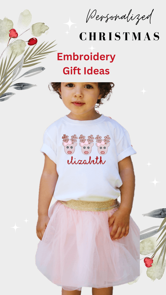 Christmas Reindeer Trio with Bows Embroidery T-Shirt - numonet