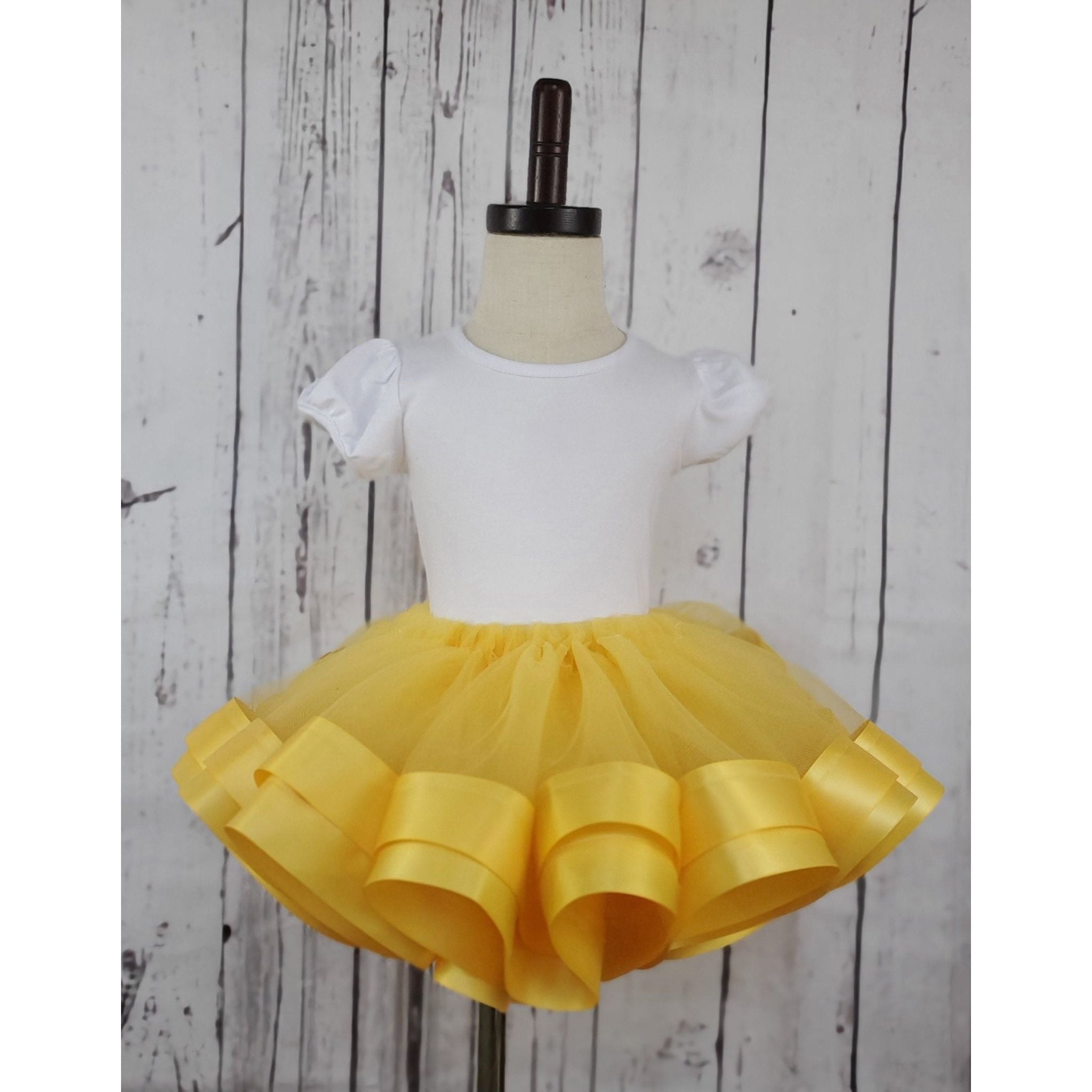 Yellow Tulle, Double Row Satin Ribbon Trim Tutu Skirt 5 Years Yellow Tulle, Double Row Satin Ribbon Trim Tutu Skirt 5 Years
