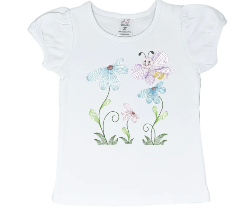 Butterfly and Flower Embroidery T-Shirt - numonet