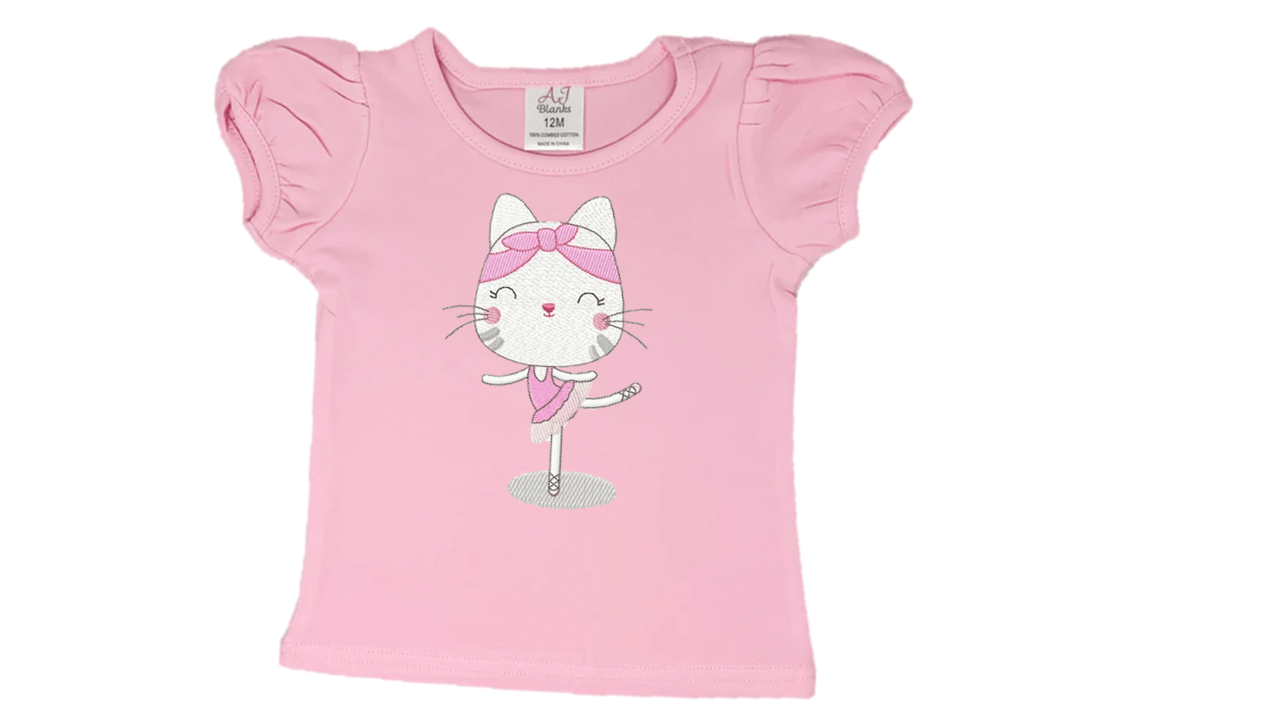 Cat Ballerina with Pink Bow Embroidery T-Shirt - numonet