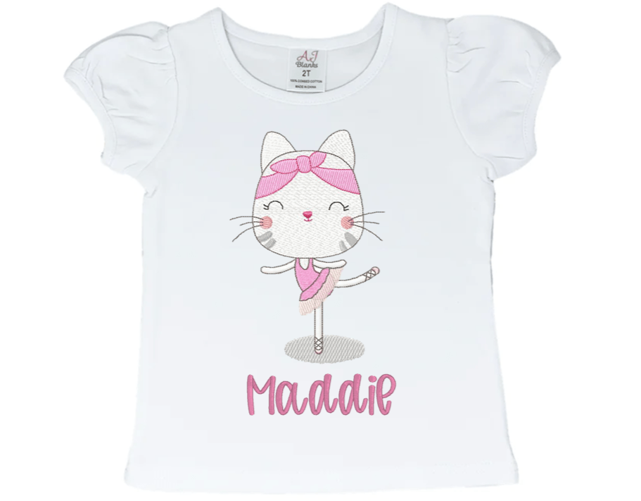 Cat Ballerina with Pink Bow Embroidery T-Shirt - numonet