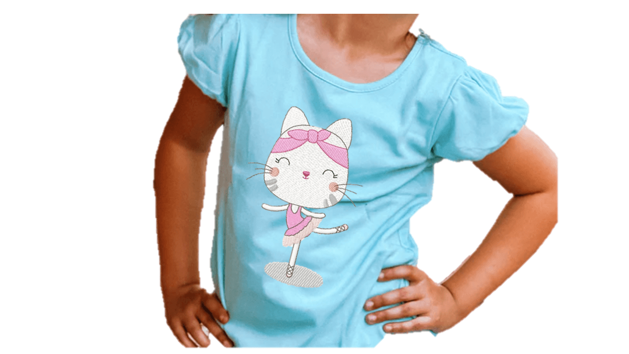 Cat Ballerina with Pink Bow Embroidery T-Shirt - numonet