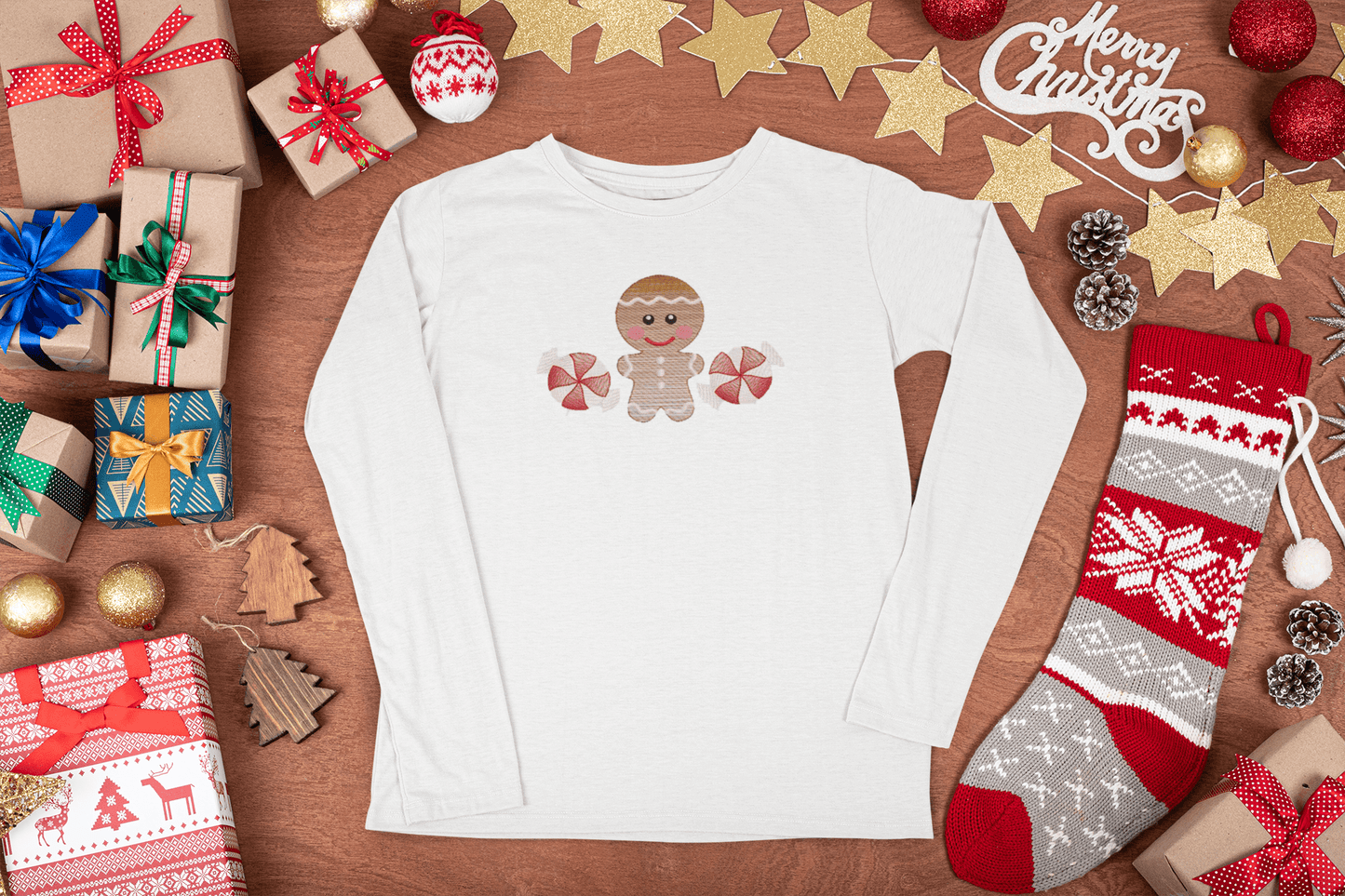 Christmas Gingerbread Cookie Embroidery T-Shirt - numonet