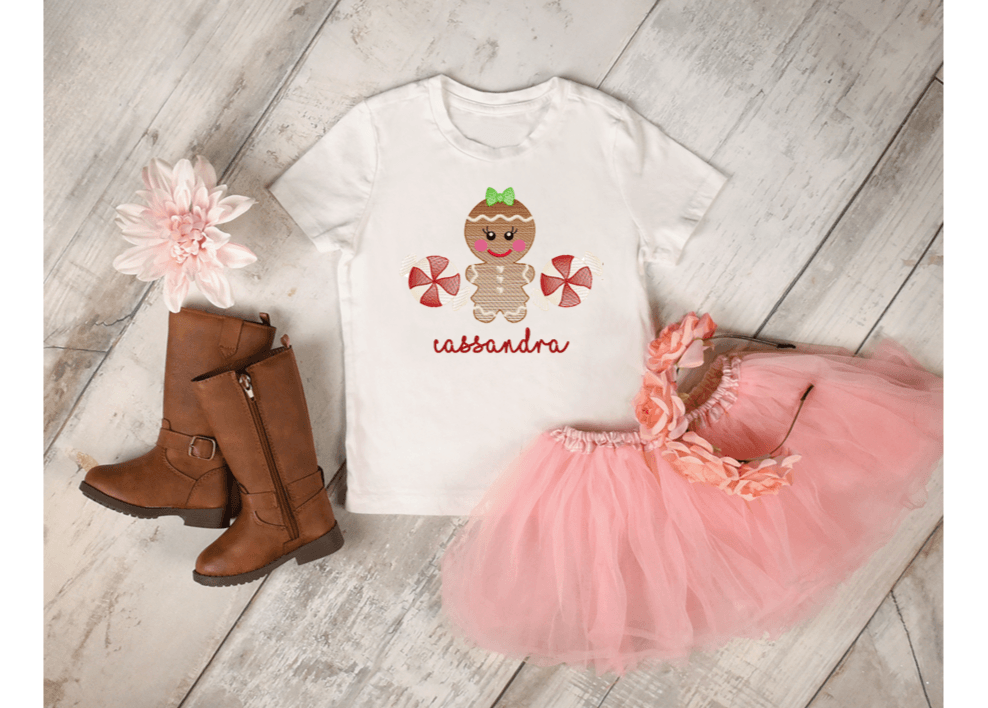 Christmas Gingerbread Cookie with Bow Embroidery T-Shirt - numonet