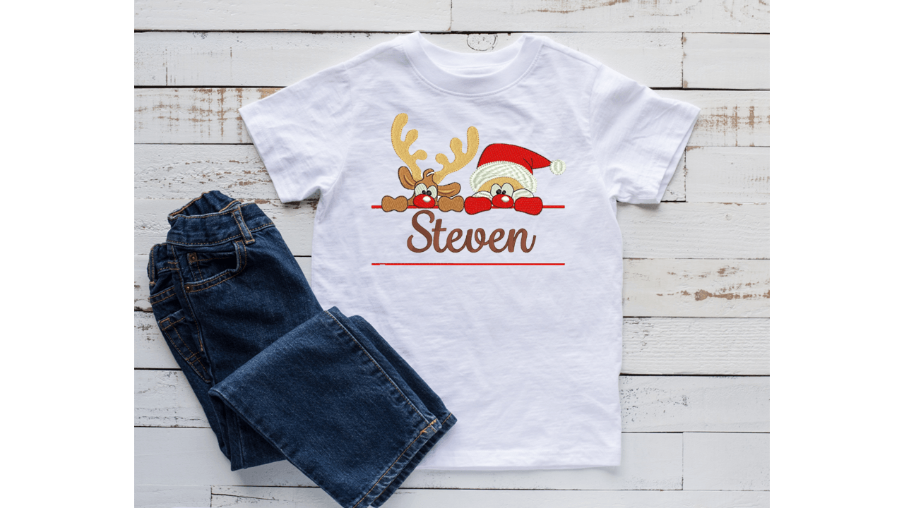 Christmas Santa and Reindeer Embroidery T-Shirt - numonet