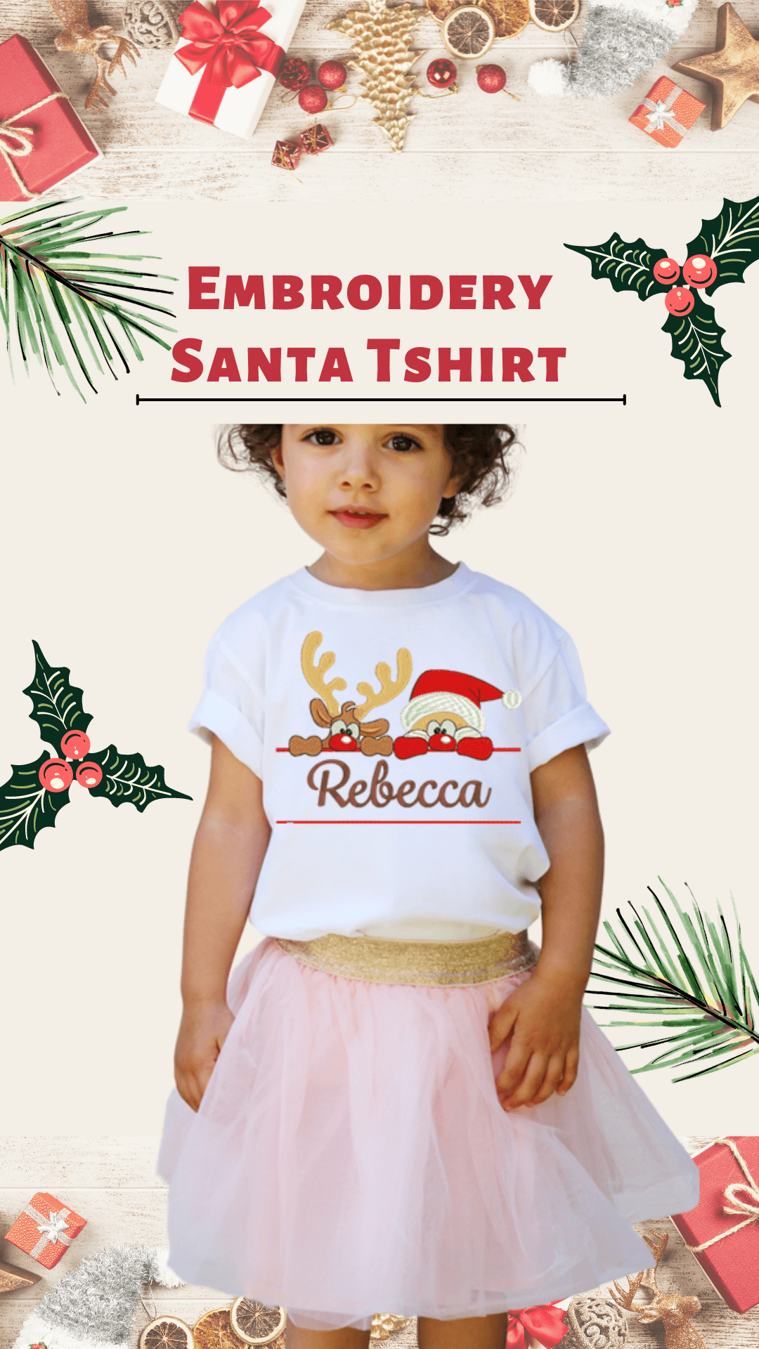 Christmas Santa and Reindeer Embroidery T-Shirt - numonet