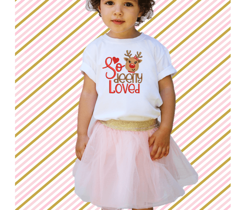 Christmas So Deerly Loved Reindeer Embroidery T-Shirt - numonet