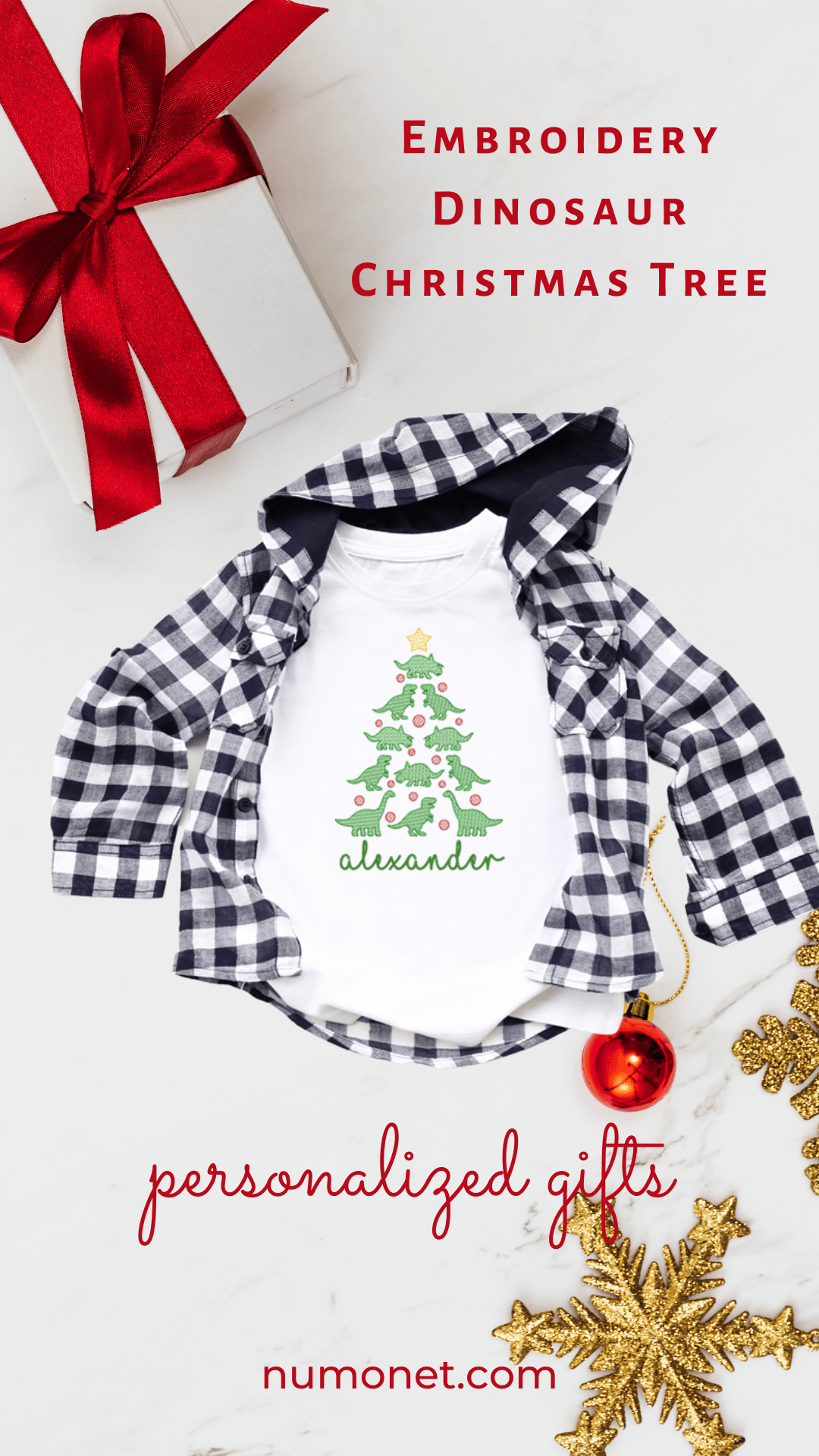Dinosaur Christmas Tree Embroidery T-Shirt - numonet