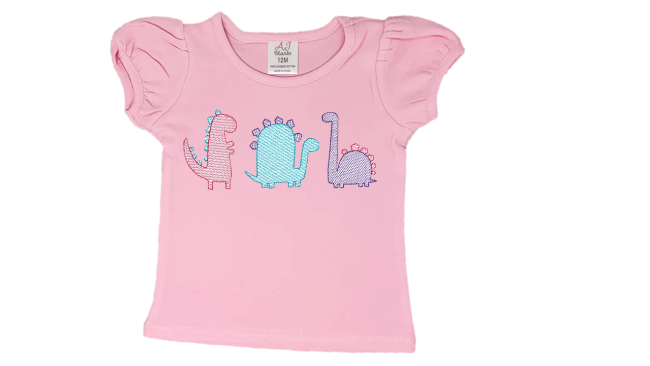 Flutter Sleeve Dinosaur Trio Embroidery T-Shirt - numonet