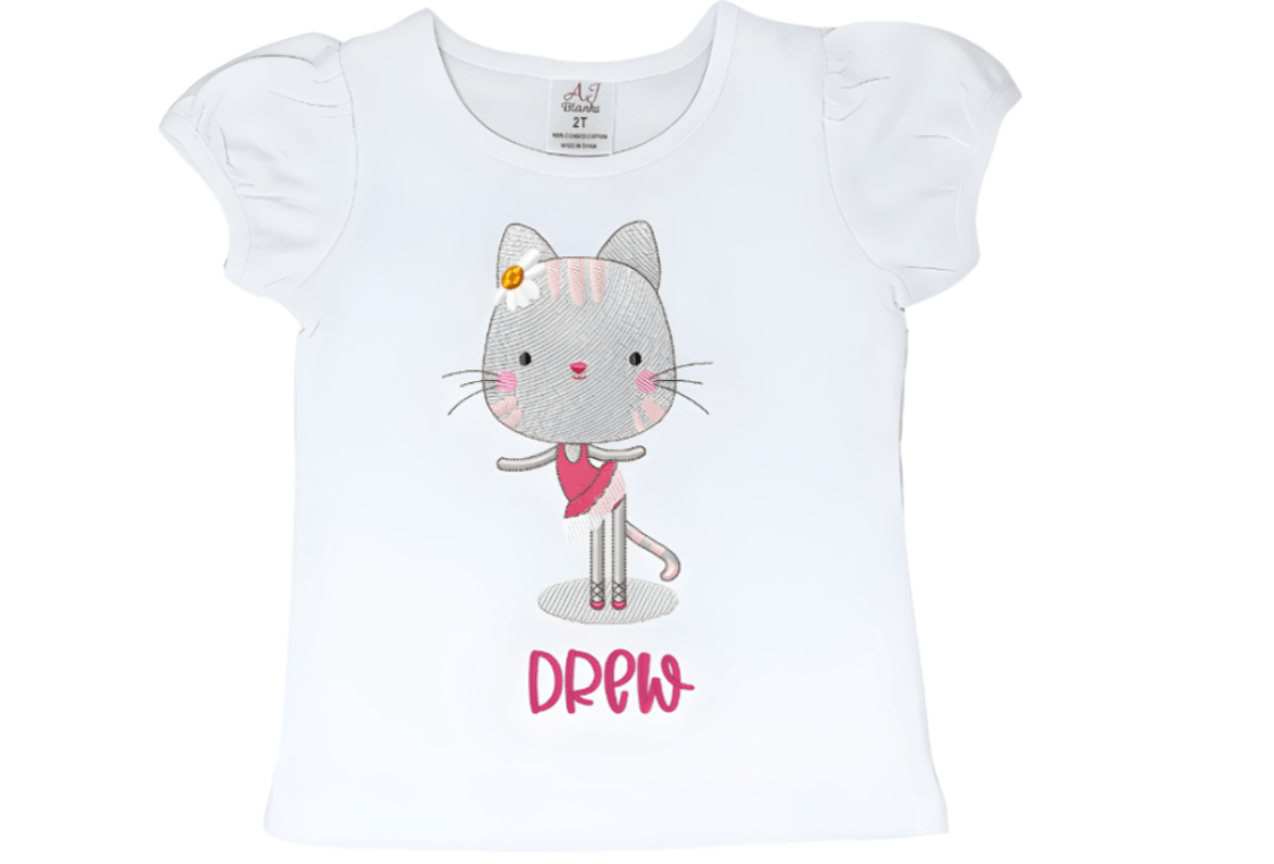 Gray Cat Ballerina Embroidery T-Shirt - numonet